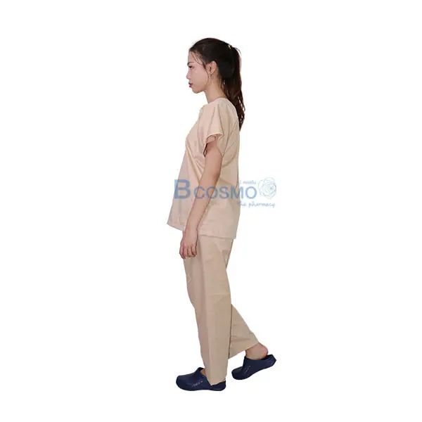 ชุดผู้ป่วยสีครีม เปิดบ่า-เปิดข้าง กางเกงเอวหูรูด - Image 5