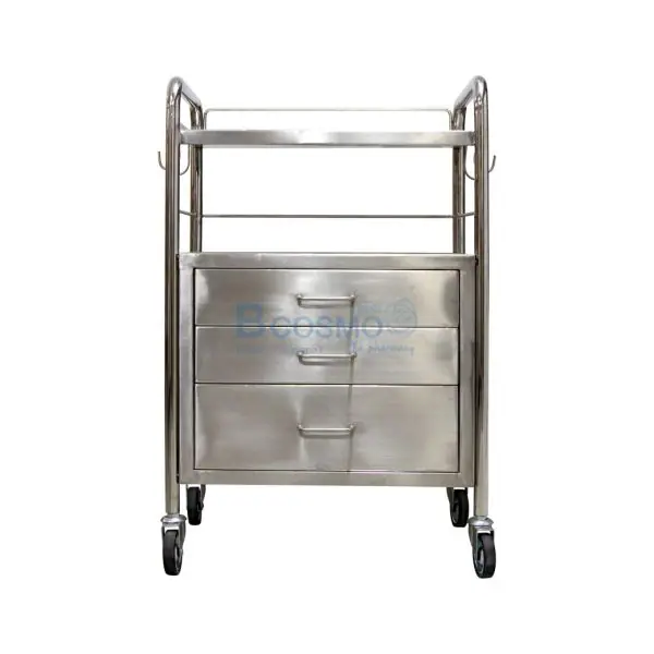 รถเข็นฉุกเฉินสแตนเลส 3 ลิ้นชัก สำหรับวางอุปกรณ์การแพทย์ ขนาด 40x56x88 ซม.