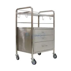 รถเข็นฉุกเฉินสแตนเลส 3 ลิ้นชัก สำหรับวางอุปกรณ์การแพทย์ ขนาด 40x56x88 ซม.