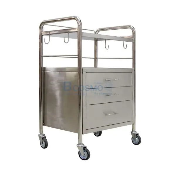 รถเข็นฉุกเฉินสแตนเลส 3 ลิ้นชัก สำหรับวางอุปกรณ์การแพทย์ ขนาด 40x56x88 ซม.