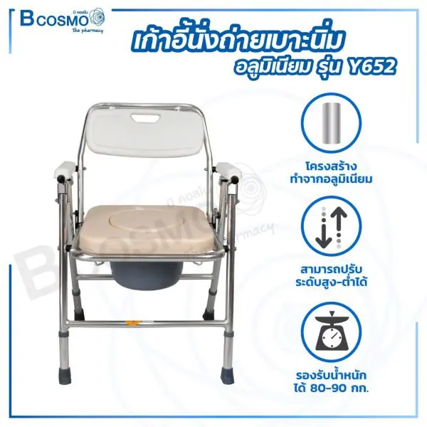 เก้าอี้นั่งถ่าย นั่งอาบน้ำ สำหรับผู้สูงอายุ ผู้พิการ เบาะนิ่มอลูมิเนียม Y652