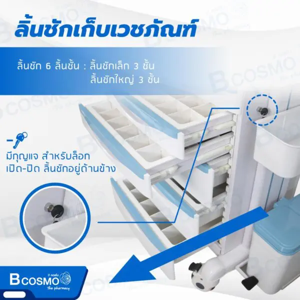 รถเข็นโรงพยาบาล 6 ลิ้นชัก พร้อมแท่นติดจอมอนิเตอร์ BDT8153