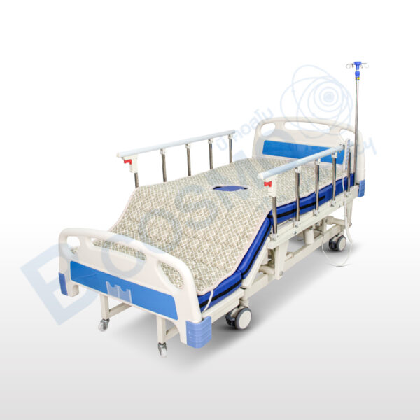 เตียงผู้ป่วยไฟฟ้า PF10 5 มอเตอร์ 6 ฟังก์ชัน ราวสไลด์ปรับสูง-ต่ำ ที่นอน 4 ตอน หนา 8 cm. พร้อมถาดวางอาหาร