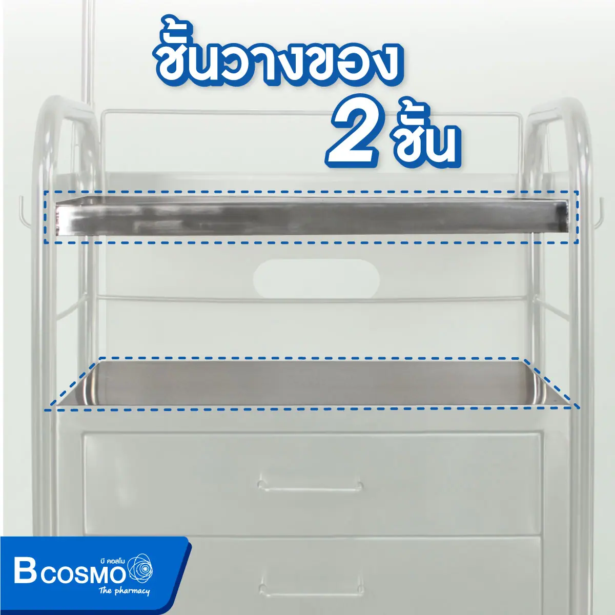 รถเข็นฉุกเฉินสแตนเลส 3 ลิ้นชัก พร้อมบอร์ด CPR และเสาน้ำเกลือ