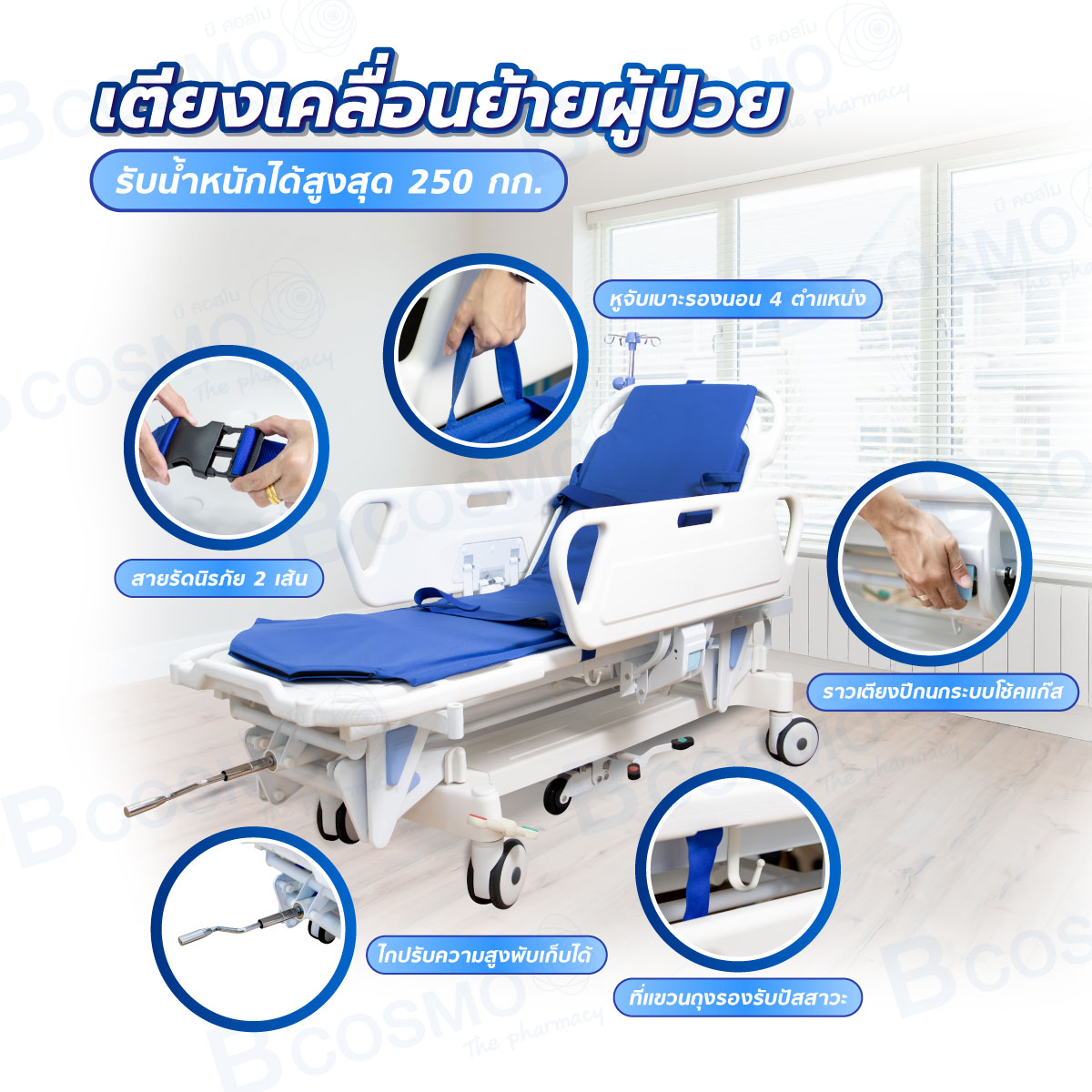 รถเข็นเคลื่อนย้ายผู้ป่วย แบบมือหมุน 1 ไก ราวปีกนก