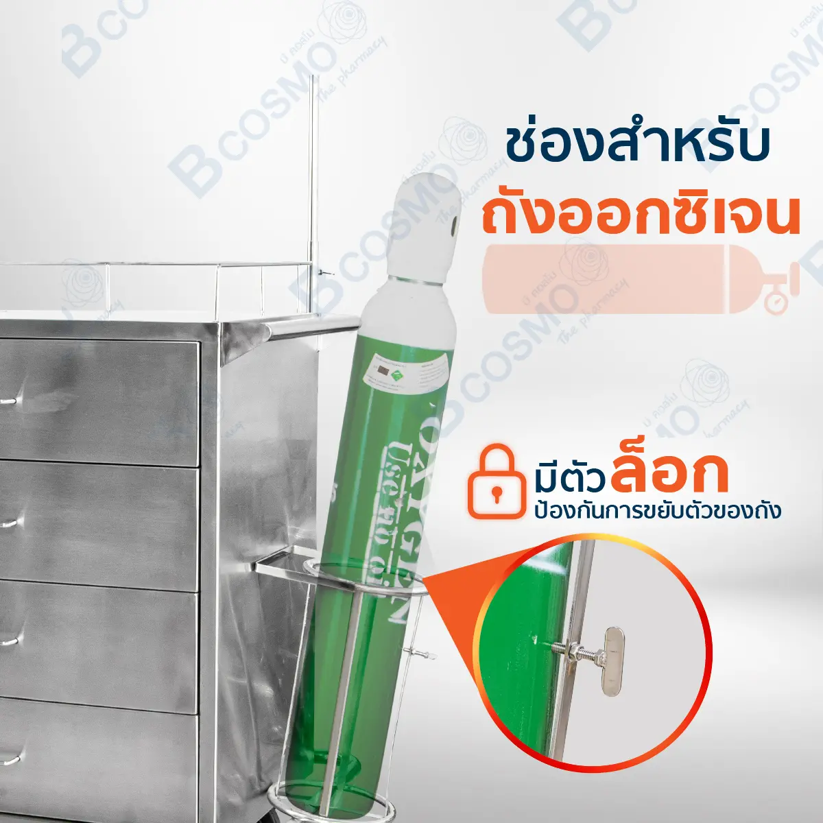 รถเข็นฉุกเฉินสแตนเลส 304 4 ลิ้นชัก พร้อมบอร์ด CPR เสาน้ำเกลือ