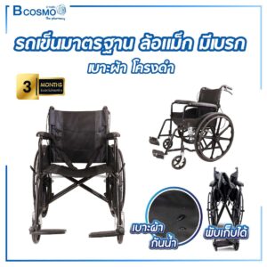 รถเข็นมาตรฐาน ล้อแม็ก มีเบรกมือ เบาะผ้า โครงดำ