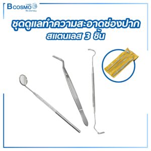 ชุดดูแลทำความสะอาดช่องปากสแตนเลส 3 ชิ้น ที่ขูดหินปูน ปากคีบ กระจกส่องฟัน